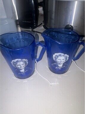 Lot of 2 VTG Hazel Atlas Shirley Temple Cobalt Blue Glass Pitcher Creamer 30s